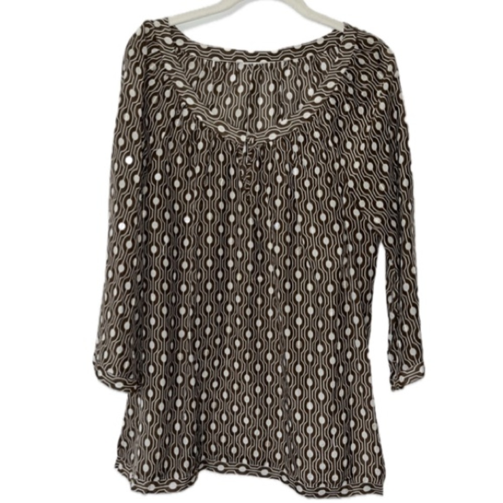 Silk Cotton Semi Sheer Top Blouse 10 Brown White Sequins Geo Polka Dot Talbots